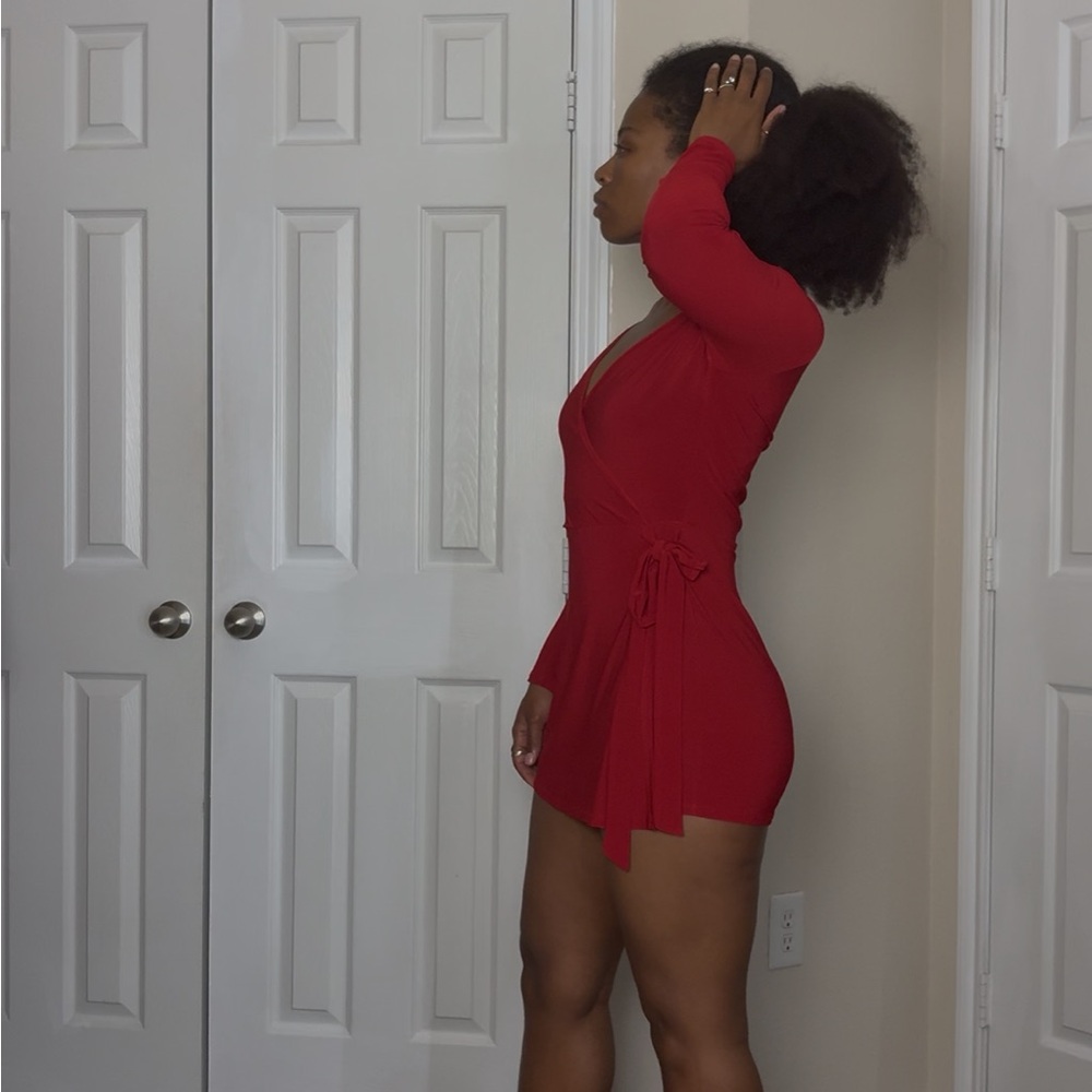 Red Wrap-Style Romper - Picture 2 of 4